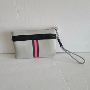 Haute shore  gray /pink striped clutch/wristlet sz.8×5 in.